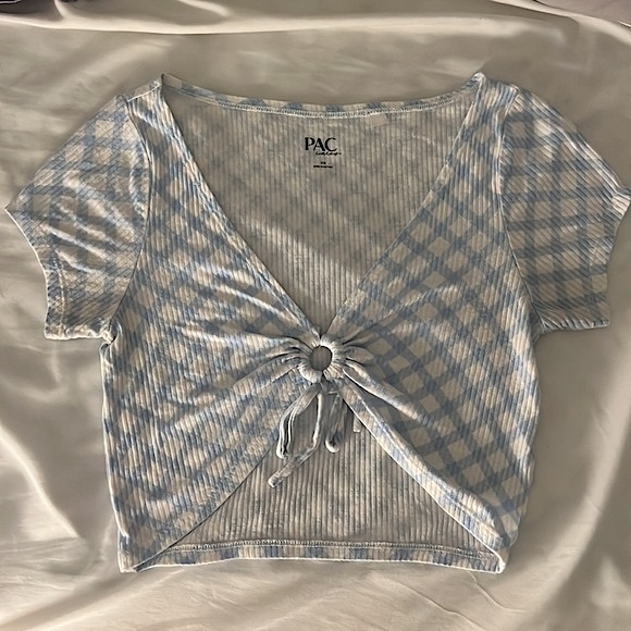 PACSUN Blue & White Gingham Short Sleeve Cropped Top - Picture 1 of 4